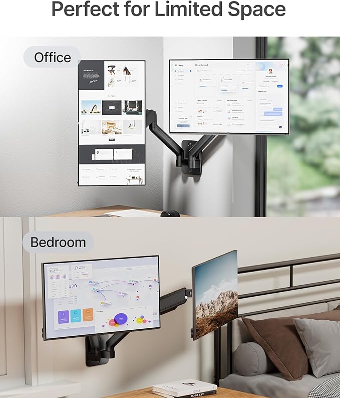 monTEK Dual Monitor Wall Mount for 17 to 32 inch Flat/Curved Screens, Each Holds to 19.8 lbs, Full Motion Adjustable Mechanical Spring Monitor Arm, 75x75/100x100 VESA Wall Mount, Black