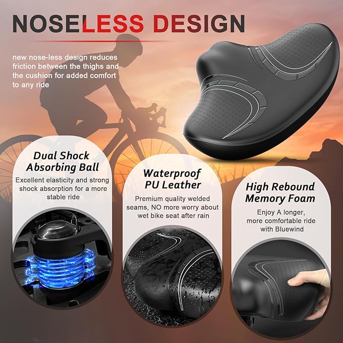 BLUEWIND New Noseless Oversized Bike Seat, Wide Bicycle Saddle Novel Backrest Design for Electric Bike, Universal Fit Exercise Bike or Road Stationary Bike Seat Cushion for Men & Women