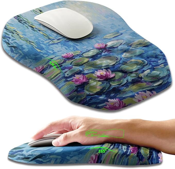 Ergonomic Slope Mouse Pad Wrist Support, Wrist Rest Mousepad for Carpal Tunnel with Massage Bulge and Slow Rebound Memory Foam (12x8 inch, Lotus Pond)