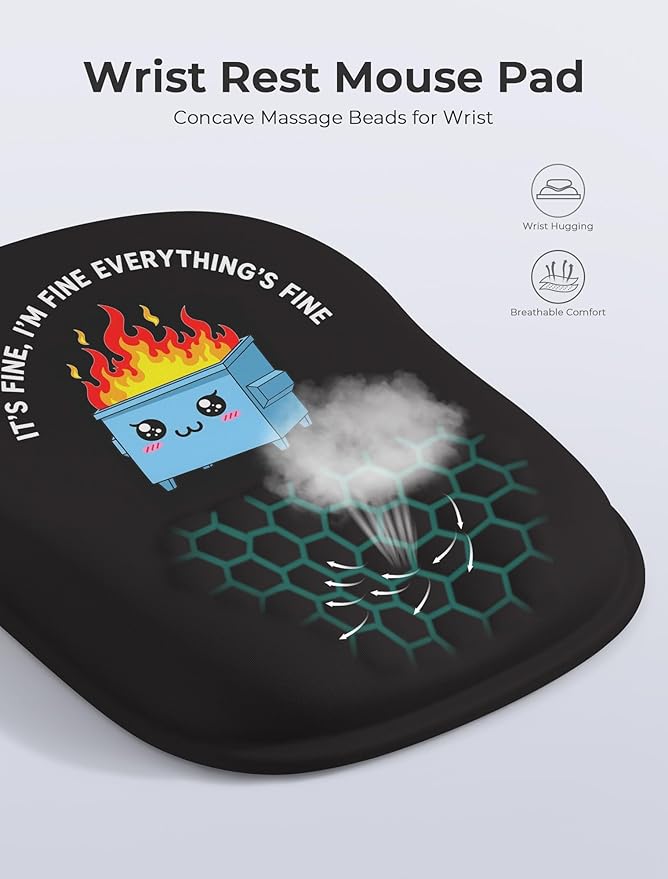 Funny Dumpster on Fire Ergonomic Mouse Pad for Carpal Tunnel Pain Relief, 65% Usable Mouse Area, Memory Foam Concave Wrist Rest for for Office, PC, Gaming