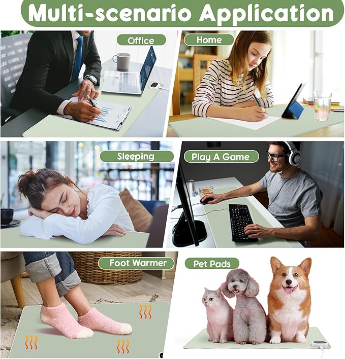 Konohan Heated Desk Pad Warm Mouse Pad, 5 Heating Level & 4 Hour Auto Shut-Off, PU Leather Warm Mouse Mat Heating Keyboard Gaming Mice Warmer Mat Only Supports 110v(Gray-Green Color,31.5" X 13")