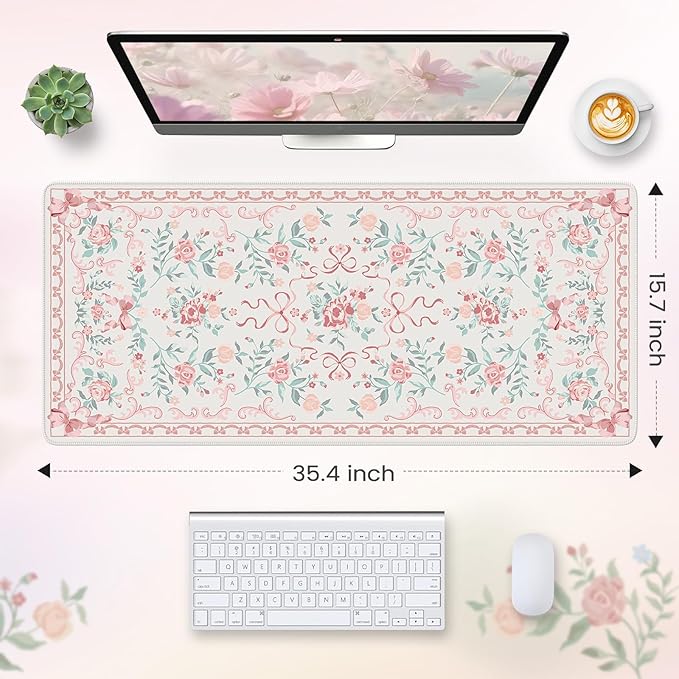 HAOCOO Pink Desk Mat for Keyboard and Mouse, Non-Slip Large Mouse Pad, Cute Bow Desk Matt for Desktop, Computer Mat with Edge Stitching for Office, Waterproof Desktop Protection
