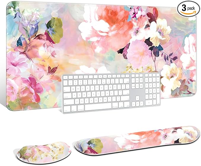 Auhoahsil Large Mouse Pad with Wrist Rests for Keyboard & Mouse, Thick Soft Ergonomic Memory Foam Wrist Supports, Big & Long Desk Mat 35.5 x 15.7 in, for Office Gaming Computer, Pink Flowers