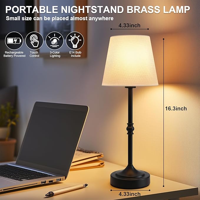 2 Pack Rechargeable Cordless Table Lamp, 5000mAh Battery Operated Lamps, Wireless 3-Level Dimmable Touch Lamp, Portable Night Bedside Brass Lamp, Desk Light for Patio Restaurant Dinnin (Black)