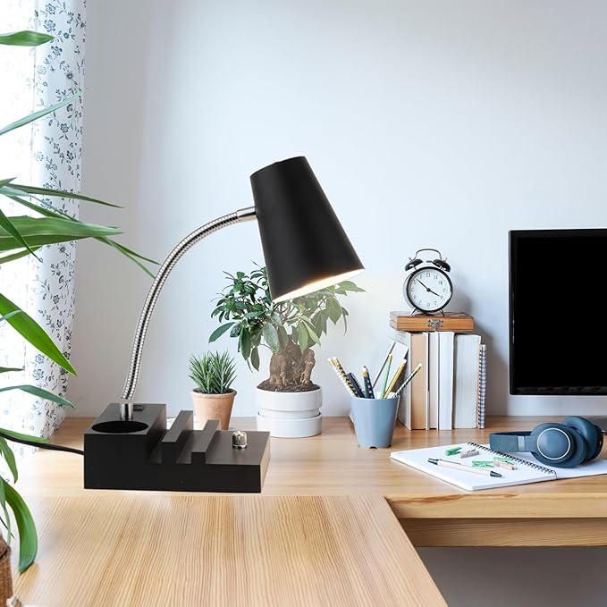 Study Desk Lamp with USB Charging and Type-C Night Light, Gooseneck LED Table Lamp Stepless Dimming Study Table Lamp with Pen Holder for College Dorm Bedroom and Office (Black)