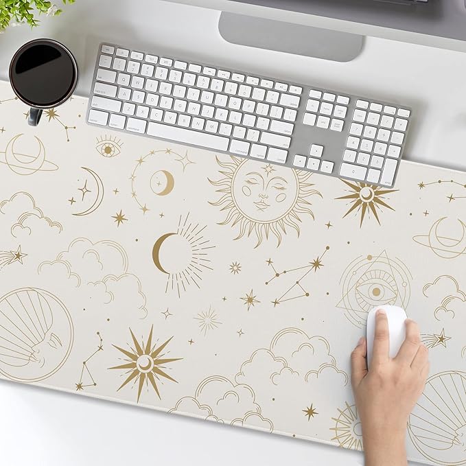 aportt Boho Chic Sun Moon Large Mouse Pad XL Magic Mystical Galaxy Stars Clouds Extended Large Desk Mat Big White Desk Pad 80X30 CM Non-Slip Rubber Base Stitched Edge Long Mousepad,31.5×11.8 Inch