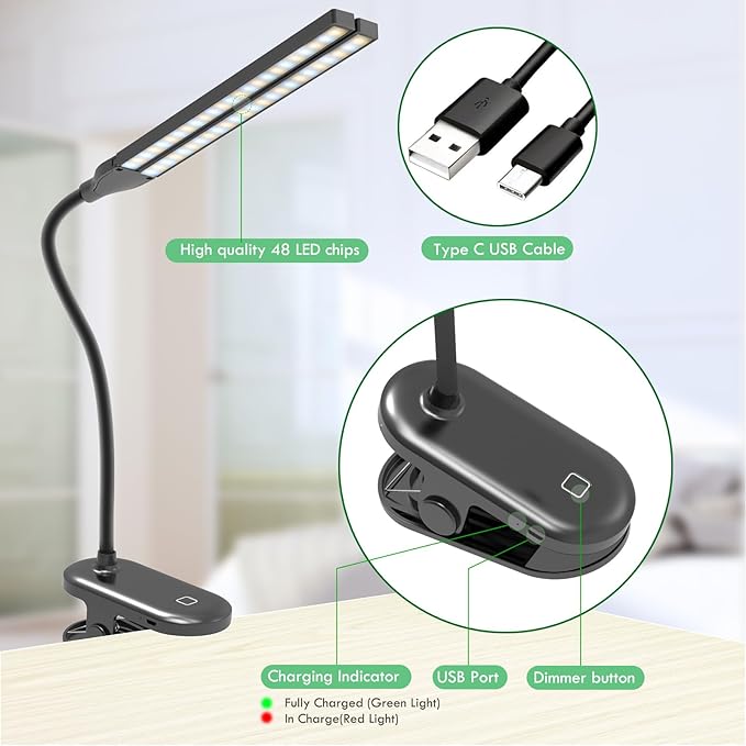 deaunbr LED Reading Light with Clip, Desk Lamp 48 LEDs 2600mAh Battery USB Rechargeable Book Lights Stepless Adjustable Brightness Eye Protection Table Lamps for Bed Headboard, Home, Office - Black
