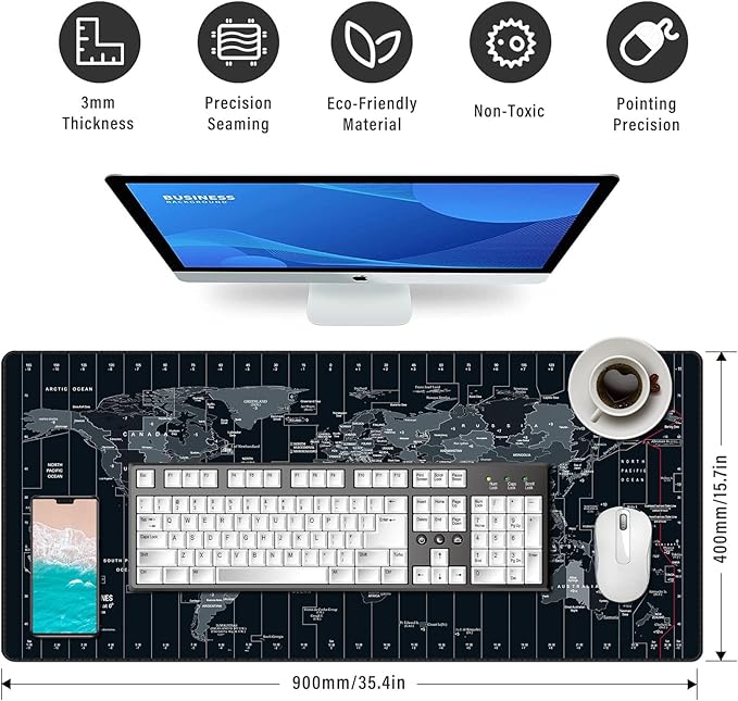 Large Mouse Pad 35.4x15.7 Inch World Map - XXL Gaming Desk Mat with Non-Slip Rubber Base, Stitched Edges | Keyboard and Mouse Pad for Gaming/Office | Portable Desk Pad
