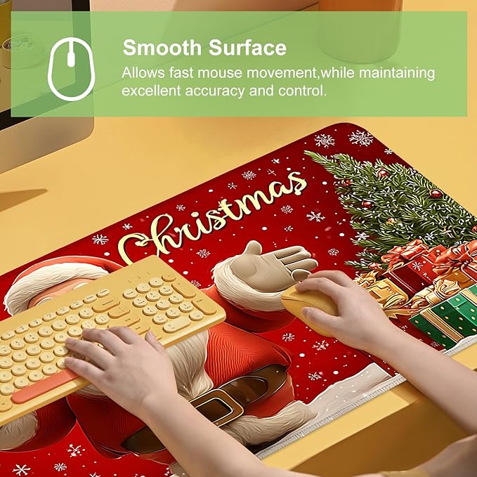 Desk Mat, XXL Extended Gaming Pad for Desktop, 35x16 Inches Jolly Santa with Tree, Large Non-Slip Vegan Leather Surface with Stitched Edges, Keyboard Mouse Mat for Home Office