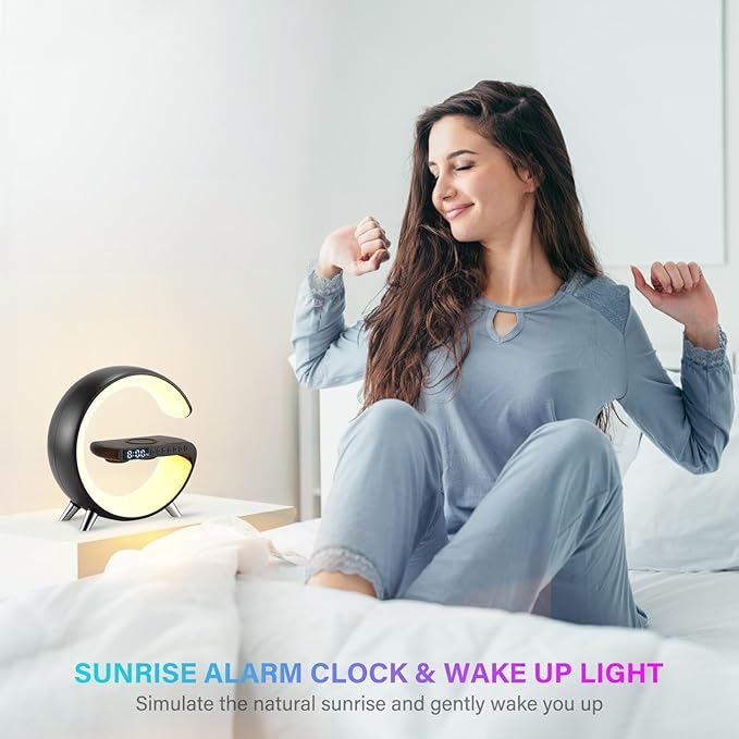 DEECOZY Multi Functional Wireless Charger Atmosphere Lamp, Intelligent Bluetooth Speaker LED Table Lamp,256 Lights Mode Dimmable Night Light Bedside Lamp Alarm Clock with Music Sync App Control(Black)