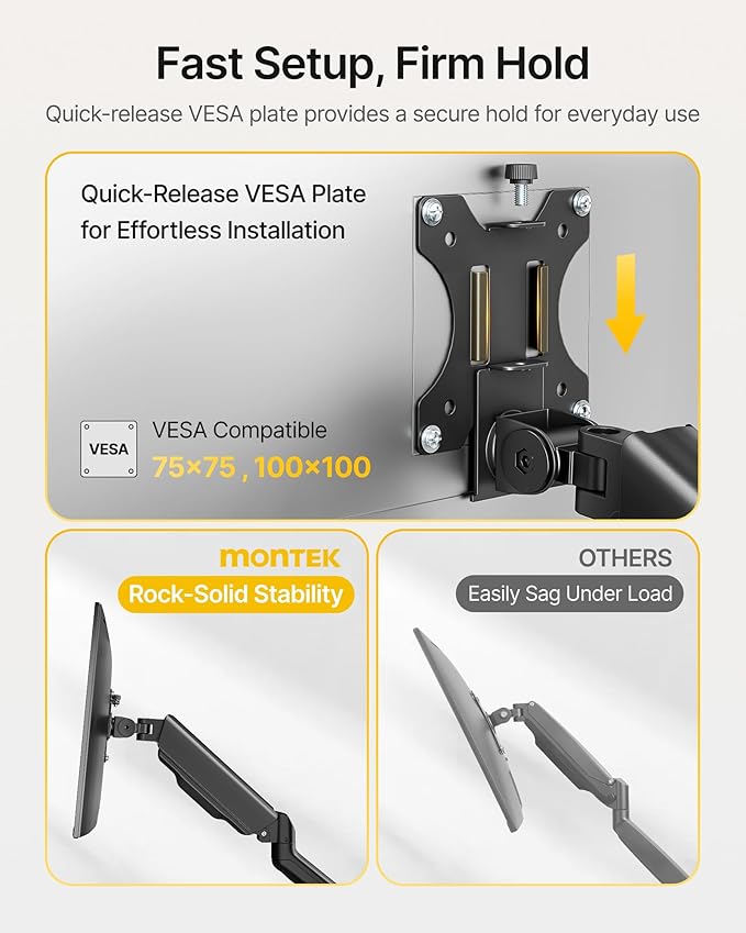 monTEK Single Monitor Arm Fully Motion Adjustable Monitor Mount Fits 17-32 inch Screens Desk Monitor Stand up to 19.8lbs with Clamp/Grommet, Cable Management, Quick Release Plate, VESA 75/100mm