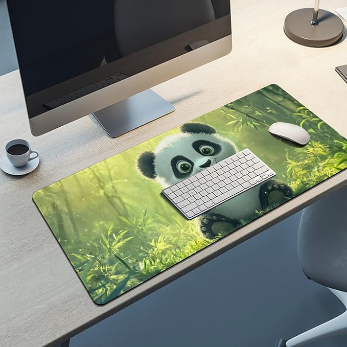 Large Ergonomic Gaming Mouse Pad Panda Joy - Adorable Baby Panda Theme with Non-Slip Base Water-Resistant Surface and Stitched Edges 40x90cm