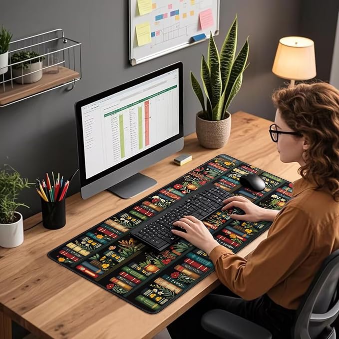 Vintage Library Bookshelf Large Gaming Mouse Pad 31.5"x15.7"｜ Flower XXL Desk Mat, Non-Slip Rubber Base & Stitched Edges - Extended Waterproof Mousepad for PC/Laptop/Office/Home Decor