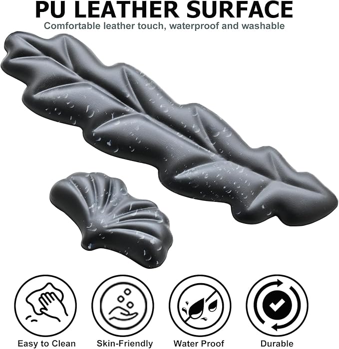 Ergonomic Keyboard Wrist Rest, Leaf Shape PU Leather Memory Foam Wrist Support for Computer Keyboard, Keyboard Pad and Cute Mouse Wrist Pad for Gaming,Office, Computer, Typing, Black