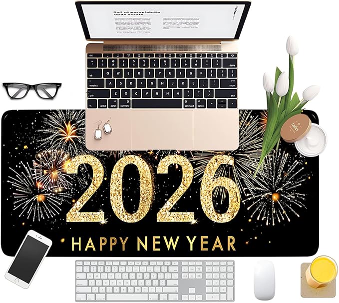 Happy New Year - 2026 Extended Gaming Mouse Pad 31.5x11.8inches Large Desk Mat Anti-Slip Rubber Base & Durable Stitched Edges for Gamers Smooth Mouse Writing Surface for Desk Office/Home