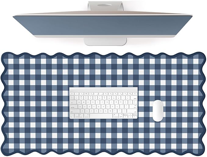 Scalloped‌ Checkered Desk Mat Cute Dark Blue XXL Large Gaming Mouse Pad Gingham Kawaii Cottagecore ‌Vintage‌ Laptop Keyboard Computer Mat for Desktop Aesthetic Desk Pad Accessories Decor