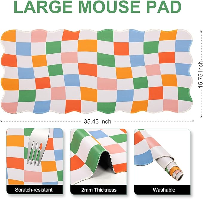L-SPOUTTO Checkered Mouse Pad,Geometric Desk Mat XXL Large Scalloped Gaming Mousepad,35.4x15.7in Non-Slip Base Keyboard Pad Waterproof Desktop Mat for Laptop Computer Game Home Office-Checkered