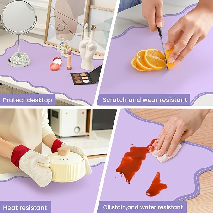 Leather Desk Mat, XXL Large 31.4x15.7in Scalloped Gaming Mouse pad，Non-Slip Rubber Base Keyboard Pad Mousepad for Laptop Computer Game Home Office，Waterproof and Oilproof Desktop Mat I Purple
