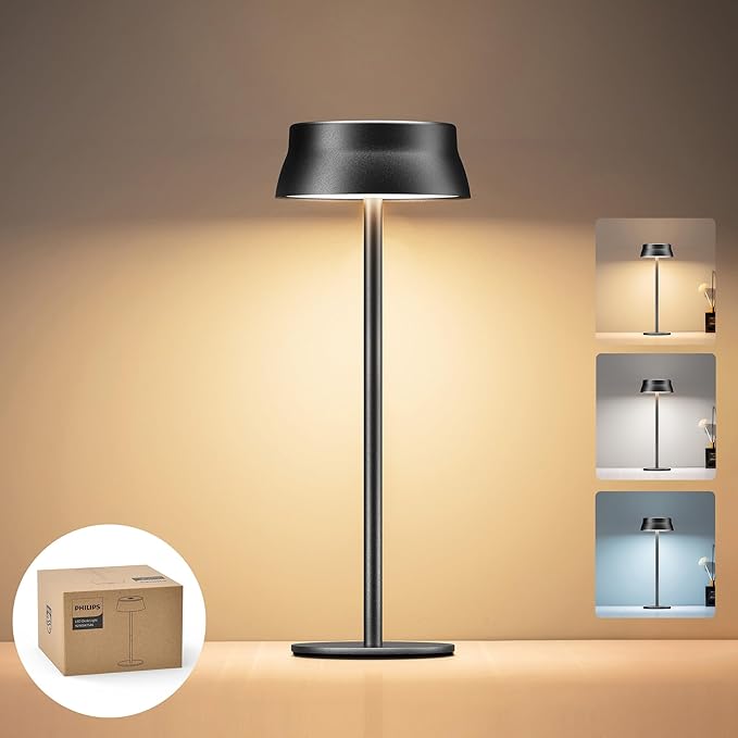 Philips Cordless Table Lamp, Portable Outdoor LED Desk Light,Rechargeable Battery Operated, 2 Adjustable Height, Touch Control & 3 Color Stepless Dimming, Waterproof Lamps for Restaurant/Bedroom