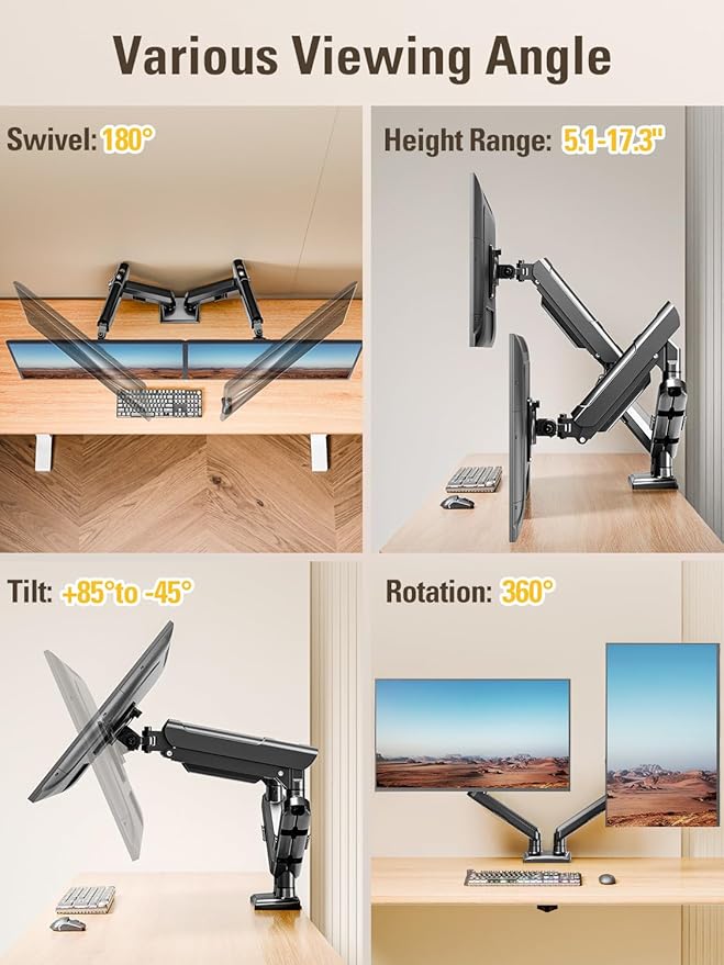 Dual Monitor Stand for 13-32 Inch Computer Screens, Dual Monitor Arms, Each Arm Holds 4.4-22lbs, Fully Adjustable Monitors Desk Mount with C-Clamp and Grommet Base, VESA 75x75/100x100mm