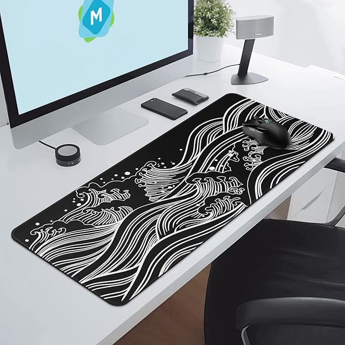 Gaming Mouse Pad - Large 31.5 x 11.8 in Black and White with Stitching Edges, Non-Slip Rubber Base Large Mouse Mat and Keyboard Pad (Sea Wave)