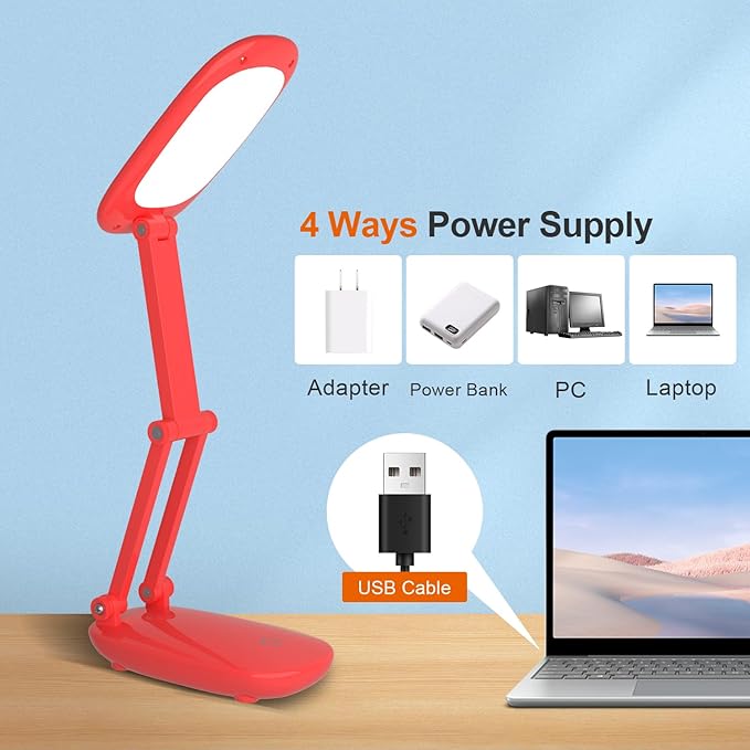 LED Desk Lamp for Office Home & Battery Operated Lamp Rechargeable Lamp Foldable & Portable Light, [2-Fold Bracket] 3 Brightness Dimmable Small Desk Lamp Wireless Reading Lamp (Bright Pink)