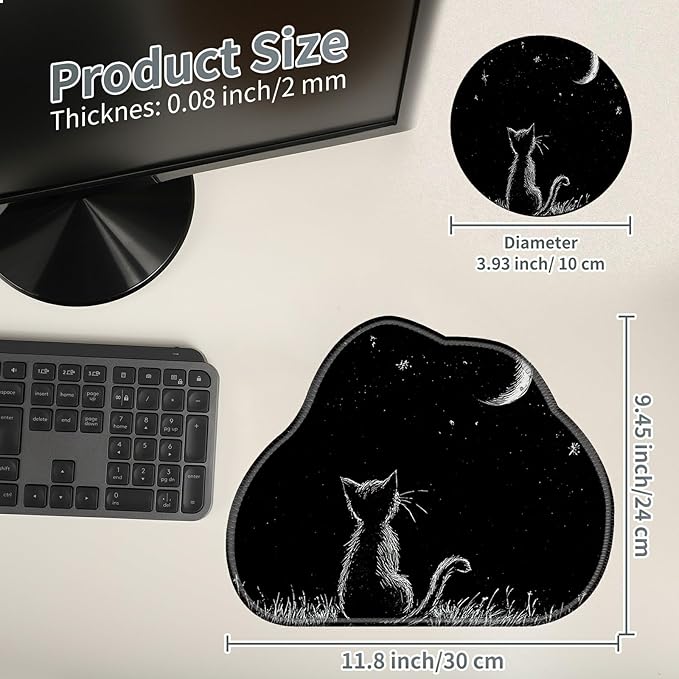 Cute Mouse Pad Plus 1 Coaster, Small Gaming Mouse Mat 11.8 x 9.45 inches, Travel Mouse Pads with Durable Stitched Edges Non-Slip Base, Black Cat Moon Decor Mousepad for Office Home