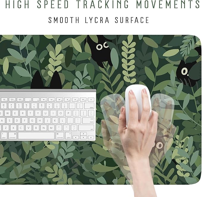Kawaii Cat Mouse Pad Xl-31.5x15.7in-Anime Black Cat Green Plant Desk Mat Pad-Extended Aesthetic Keyboard Mouse Pad-for Desk Kid Girl with Stitched Edges Non-Slip Cozy Office Decor