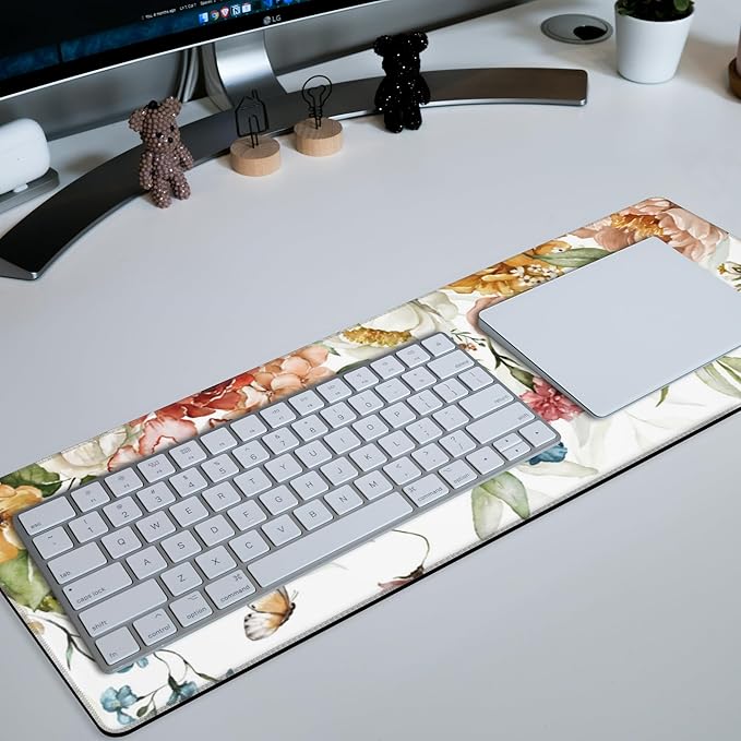 Large Mouse Pad Watercolor Flowers with Butterfly Extended Gaming Mousepad Waterproof Desk Pad with Non-Slip Base and Stitched Edge 11.8 x 31.5 Inch Keyboard Mouse Mat for Home Office Decor