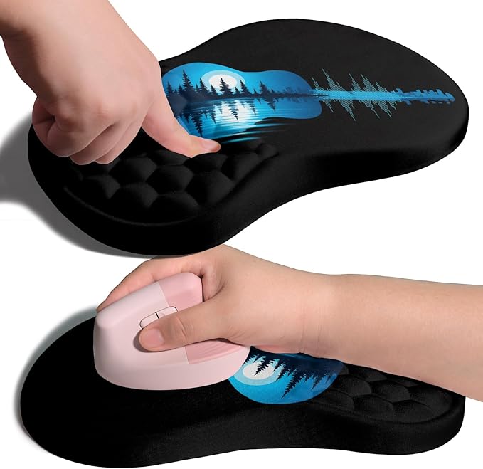 Ergonomic Joint Wrist Support Mouse Pad with Memory Foam Cushion Massage Bump, Carpal Tunnel Wrist Support Mousepad Slope Design for Wrist Rest, 11.8x7.9 in, Guitar