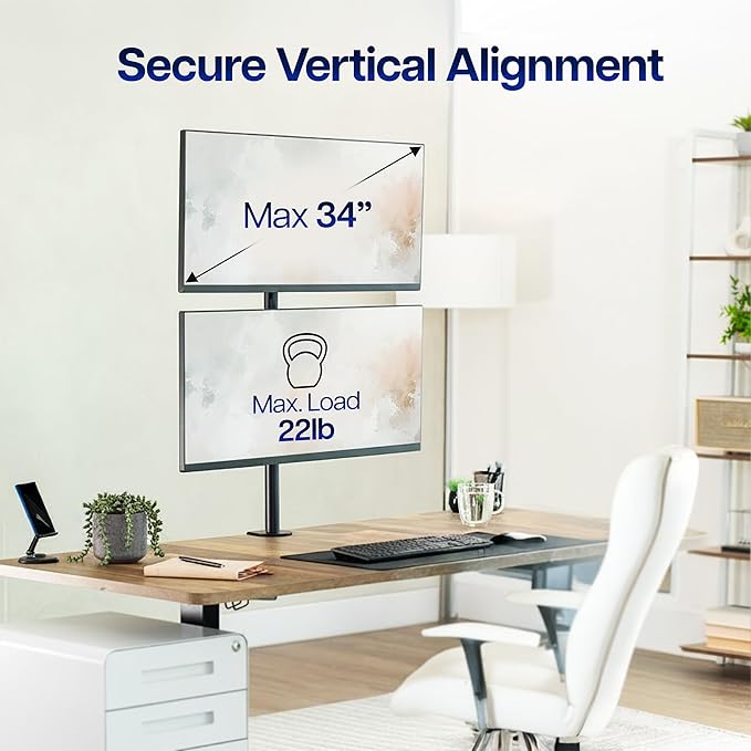 VIVO Dual Vertically Stacked Monitor Desk Mount, Extra Tall Adjustable Stand for 2 Ultrawides up to 34 inches, 22 lbs Capacity, Black, STAND-V002T