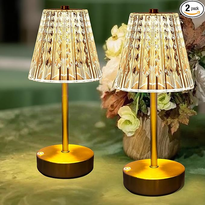 Set of 2 Rechargeable Table Lamps-Small Size Battery Powered Lamps-Cordless Desk Lamp for Restaurant Dinner Bathroom Kitchen Countertop Tabletop Ambient Lighting-Brushed Brass Gold Wireless Lamps