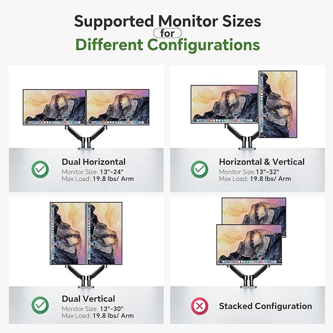 Dual Monitor Stand, Full Adjustable Monitor Desk Mount for 13–32″ Computer Screens