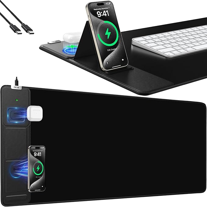 Mouse Pad with Foldable Phone Holder, Wireless Charging Desk Mat, 31.5"x15.8" Large Mousepad with Superior Micro-Weave Cloth, XXL Desk Pad with Non-Slip, Waterproof Keyboard Pad for Home & Office