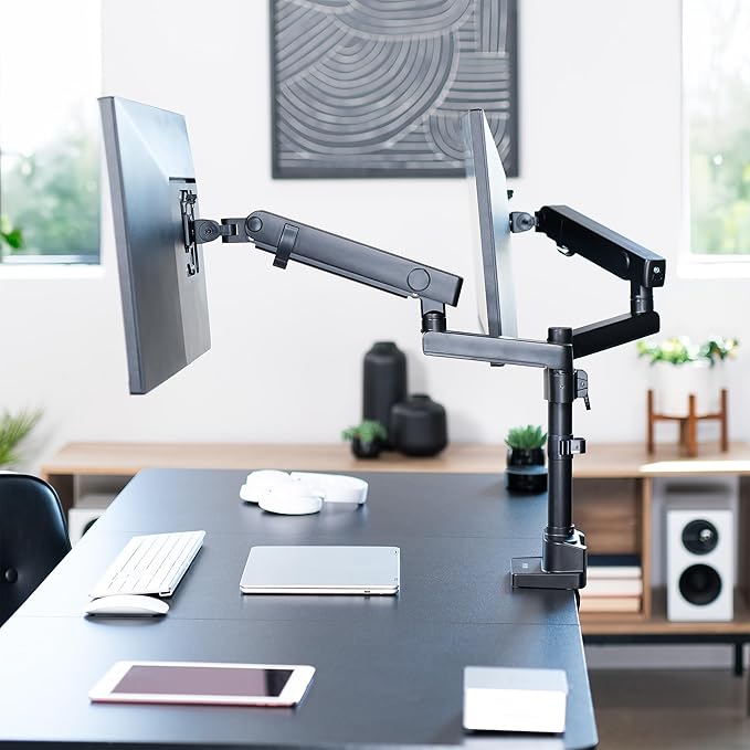 VIVO Premium Aluminum Full Motion Dual Monitor Desk Mount Stand with Lift Engine Arm, Pole Extension, and USB Ports, Fits Ultrawide Screens up to 40 inches, STAND-V102BDU