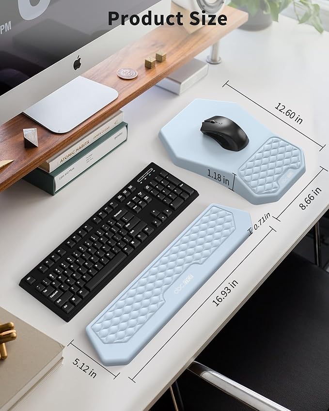 Ergonomic Mouse Pad and Keyboard Wrist Rest Support Set, Massage Design Mousepad for Carpal Tunnel, Memory Foam, Non-Slip PU Base for Computer Desk, Baby Blue
