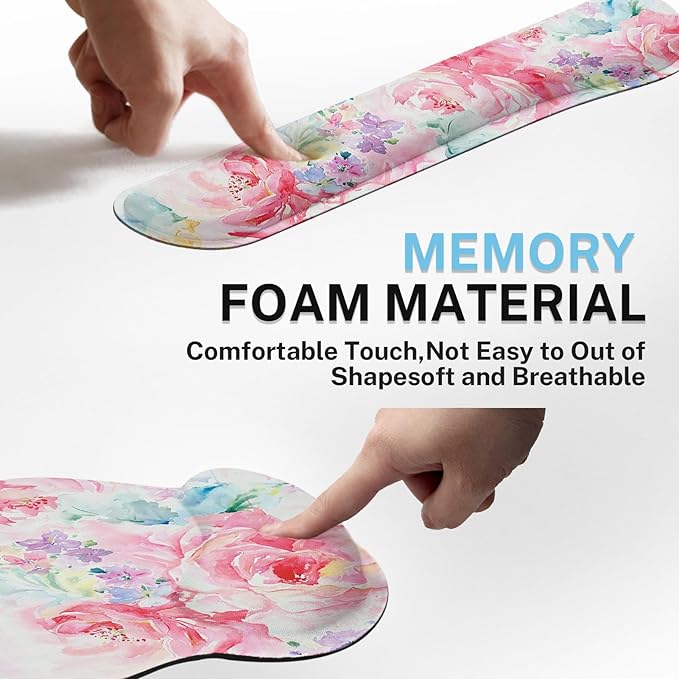 Britimes Flower Painting Watercolor Abstract Ergonomic Mouse Pad Set with Wrist Rest Non-Slip Rubber Base Wrist Cushion Support and Coasters Mousepad with Wrist Support for Computer Keyboard and Desk