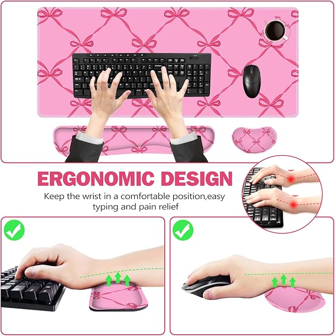 ToLuLu Large Mouse Pad Desk Pad Set, Wrist Rest Support Desk Mat for Keyboard Mouse, 4PCS 35.4”x15.7 XXL Giant Mouse Pad, Non-Slip Base Stitched Edges Mousepad Office Desk Decor, Hot Pink Bow