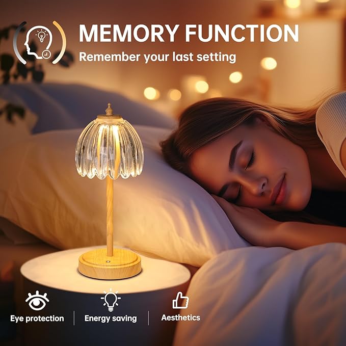 Tulip Table Lamp with 5200mAh Battery & Touch Control, Small Cordless Table Lamp with 3 Colors, Rechargeable Battery Operated Table Lamps for Bedroom, Desk, Bedside (Transparent-Beech Color)