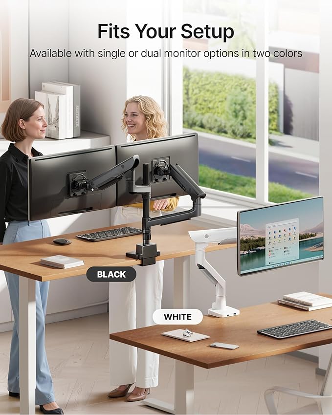 monTEK Sleek Aluminum Monitor Arm for 17–57” Ultrawide Screens up to 59.4 lbs, USB 3.0 A/C, Heavy Duty Dual Monitor Arm Desk Mount, Pneumatic Lift, Quick-Release Plate, Clamp/Grommet, Max VESA 100x100