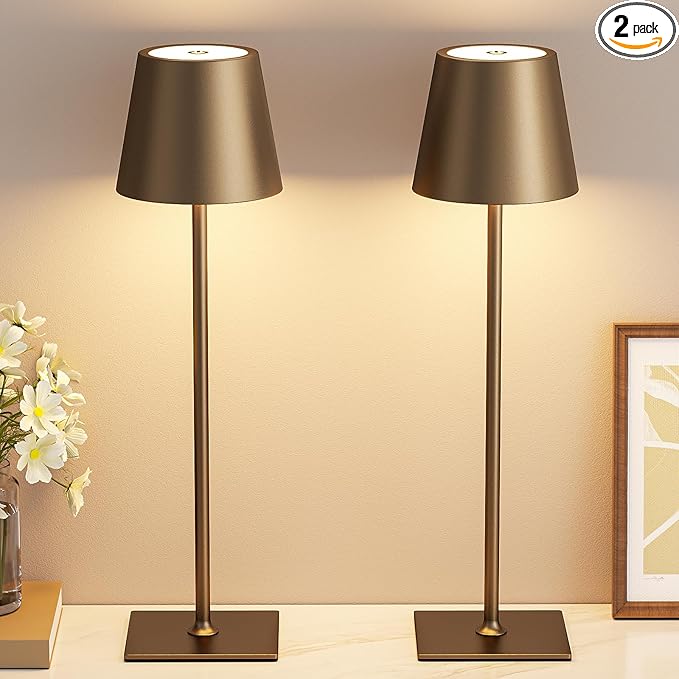 Kakanuo Brown Cordless Rechargeable Table Lamp 5000mAh Battery Operated Lamps, 3 Colors Stepless Dimming Touch Lamp for Living Room, Kitchen Counter, Dining, Outdoor Patio, 2 Pack
