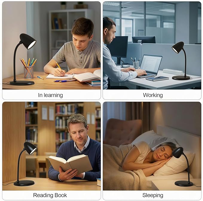 LED Desk Lamp for Home Office,3 Light Colors,Table Lamp,Dimmable Reading Light for Bedside Small Desk Lamp for College Dorm Room,Bedroom Desk Light,Black