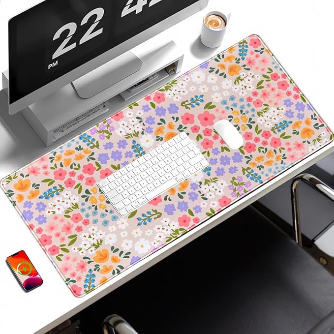 Floral Desk Mat Large Keyboard Pad, Pink Mouse Pad Women Girls Flowers Large Mouse Pad for Desk Pad Computer Floral Pad Desktop Mat for School Office Home 31.5" X 15.7"