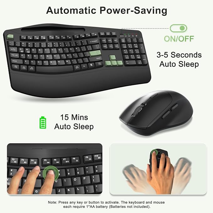 Wireless Keyboard and Mouse Combo, 2.4G Full Size Wave Keys Ergonomic Keyboard with Wrist Rest, Phone Holder, 3-Level DPI Wireless Silent Mouse with 6-Buttons, for Windows (Avocado Green and Black)