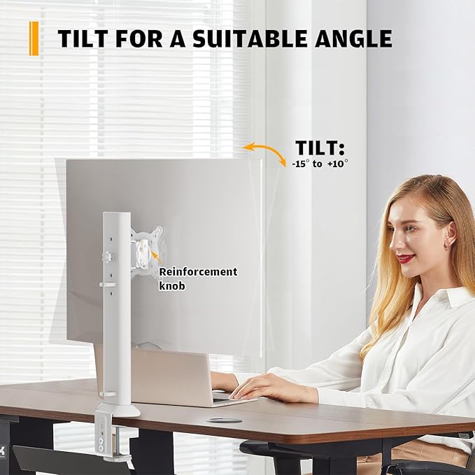 Hemudu Single Desk Monitor Arm Mount Stand Fit for 13 inch to 32 inch Flat Curved Computer Screen with Swivel, Height Adjustable, Rotation,Holds up to 77lbs, White