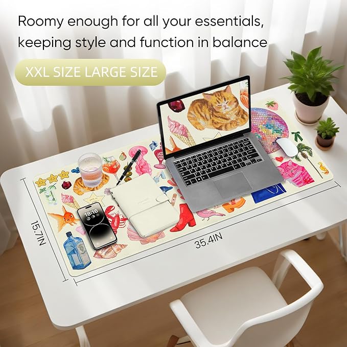 Desk Mat, Leather Desk Pad Blotter Protector, XXL Large Mouse Pad,Computer Laptop Mouse Pads for Desktop,Waterproof Writing Anti-Slip Mousepad for Office and Home I Cream Trendy Stickers