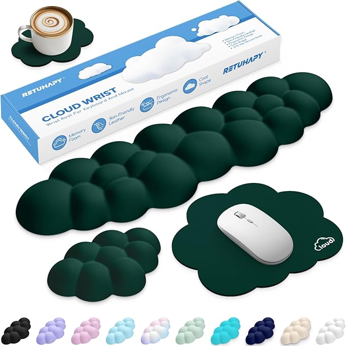 Cloud Wrist Rest Keyboard Cushion, 4-in-1 Ergonomic Cloud Keyboard Wrist Rest and Mouse Pad Set with Memory Foam Arm Support for Palm, Cute Desk Accessory for PC Gaming Setup, Dark Green