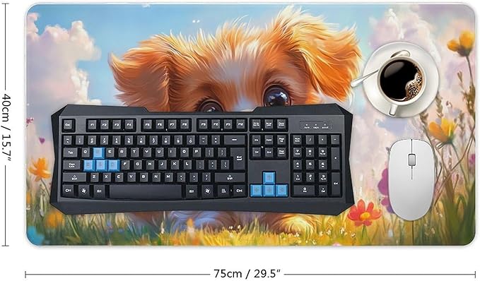 Large Ergonomic Gaming Mouse Pad Charming Fluffy Dog in Bright Meadow - Cute Pet Theme with Non-Slip Base Water-Resistant Surface and Stitched Edges 40X75cm