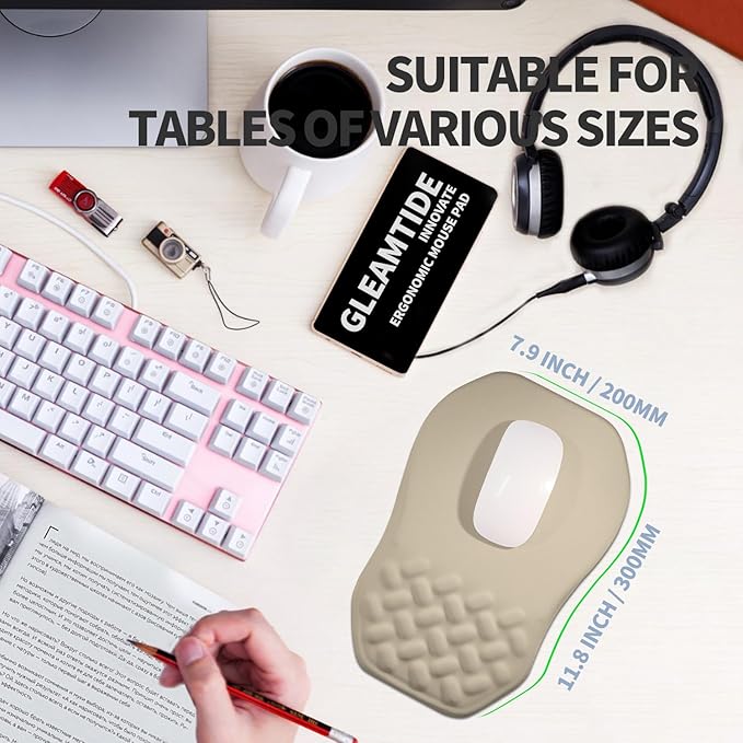 Ergonomic Raised Mouse Pad Wrist Support with Bilateral Slope Memory Foam Mousepad for Wrist Rest and Carpal Tunnel 11.8x7.9〃 Khaki