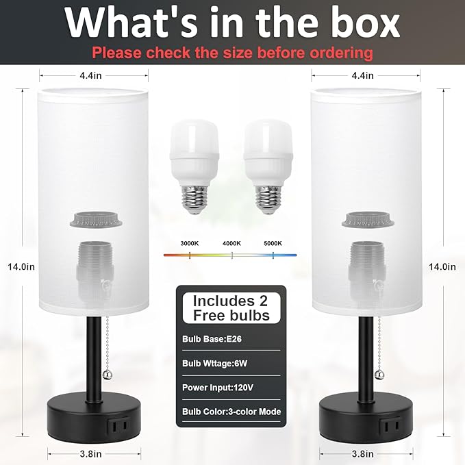 Fenmzee White Bedside Table Lamps Set of 2-3 Color Temperatures Pull Chain Lamp with AC Outlet Charging Port, Round Night Stand Lamps for Bedroom Office, Small Bed Side Light with E26 LED Bulbs